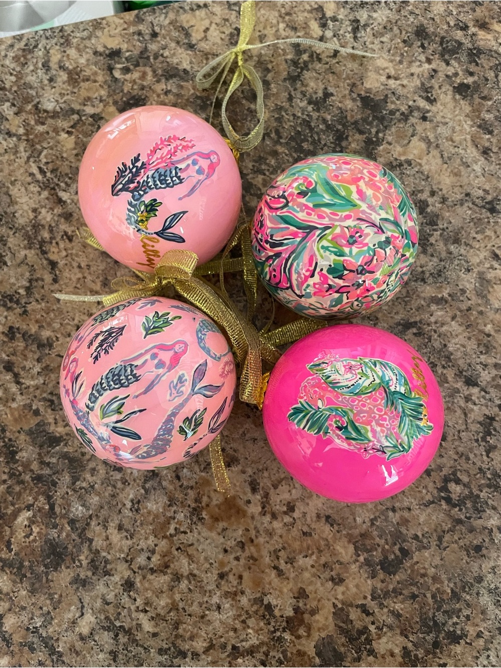 Lilly Pulitzer Pink Floral Hand-Painted Glass Ornament Set